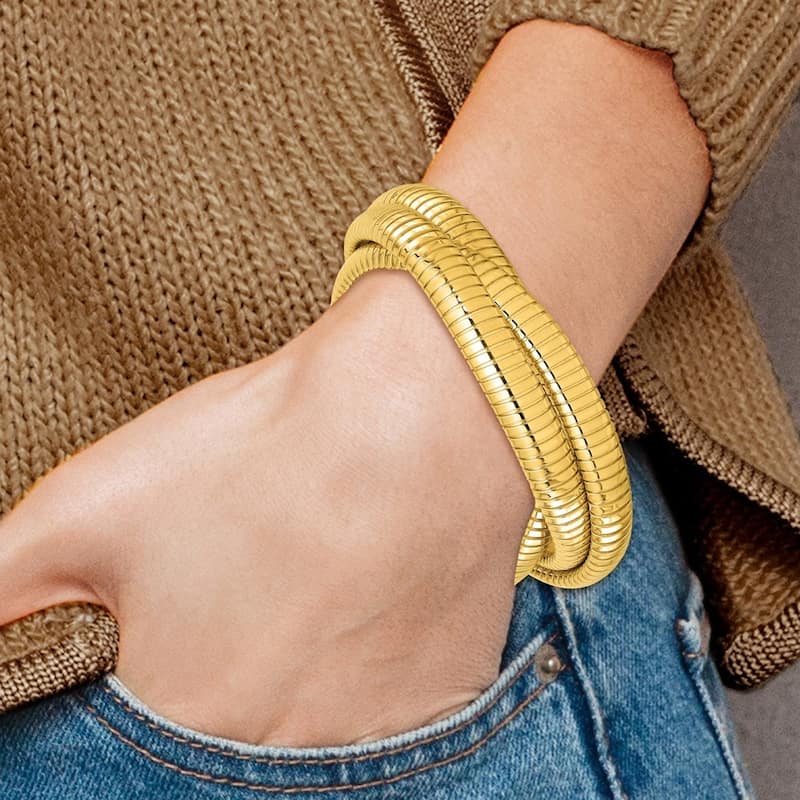 Curata Italian 18k Yellow Gold 7" Tubogas 3-Strand Rolling Slip-On Bangle Bracelet - 24mm x 7"