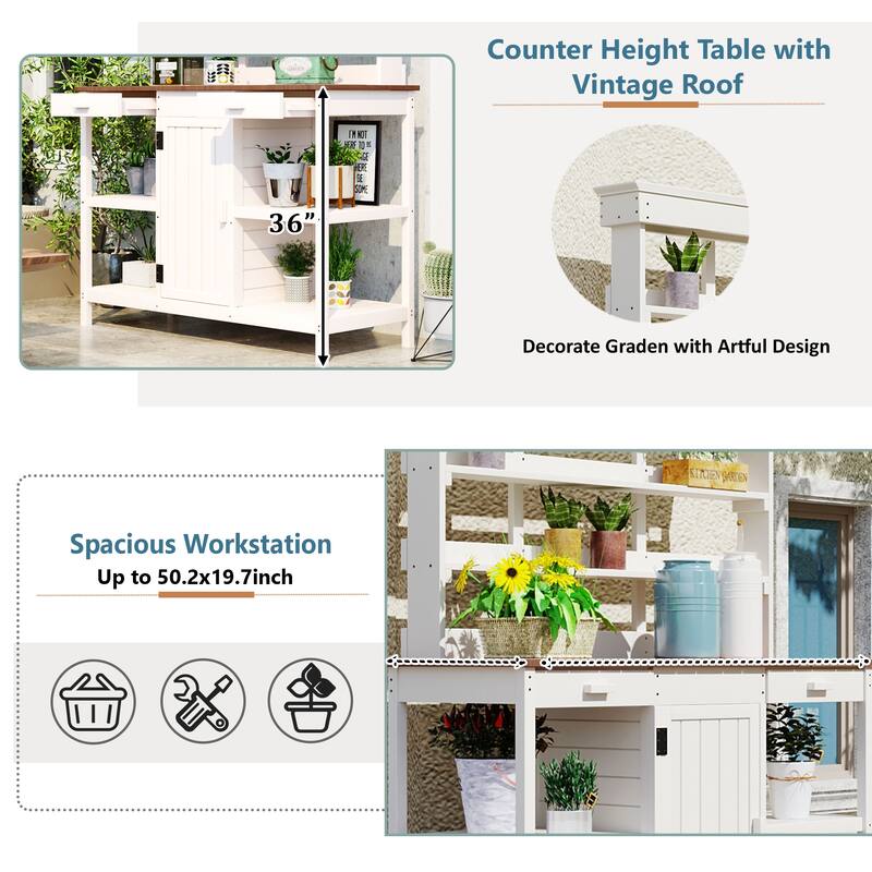 Large Outdoor Farmhouse Wooden Potting Bench Table, Garden Workstation with 2 Drawers, Cabinet and Open Shelves for Backyard