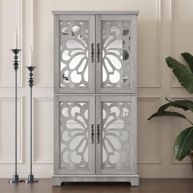 Display sideboard buffet with 4 Acrylic Mirrored doors, Adjustable Shelves storage Cabinet for Kitchen, Living Room - Light Gray