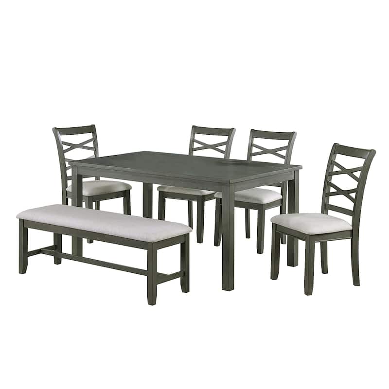 6 Piece Fabric and Wood Dining Set with Bench in Grey - Grey