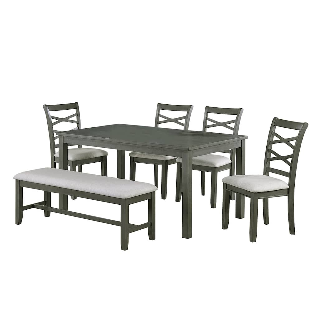 6 Piece Fabric and Wood Dining Set with Bench in Grey