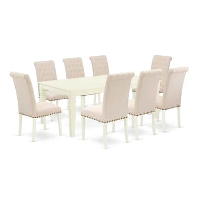 Rectangle Dining Set with Butterfly Leaf & 8 Parsons Chairs - Linen White & Beige Fabric - 84