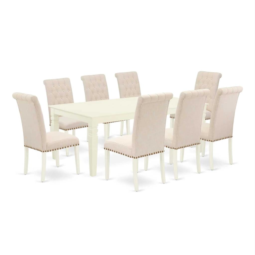 Rectangle Dining Set with Butterfly Leaf & 8 Parsons Chairs - Linen White & Beige Fabric - 84