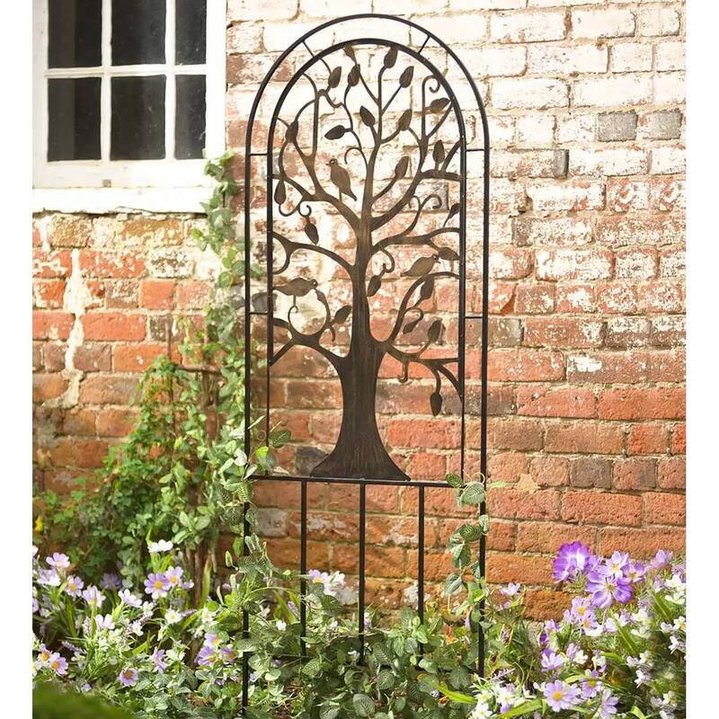 Metal Arched Garden Trellis with Tree of Life Design - Antique Copper