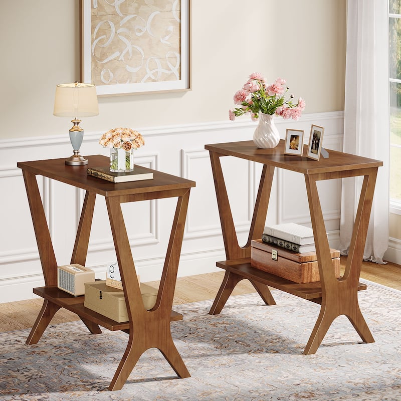 2-Tier Solid Wood End Table for Living Room with Sturdy Legs