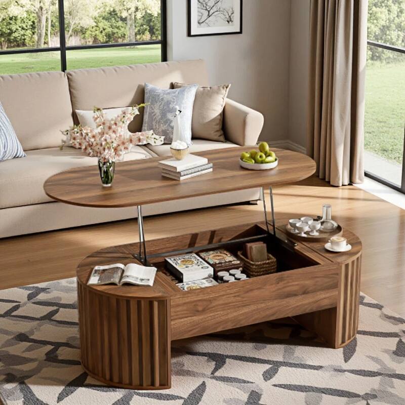 Wood Lift Top Coffee Table with Hidden Storage, 47" Oval Lift Table Top wavy grooves Design Conversation Table - Brown