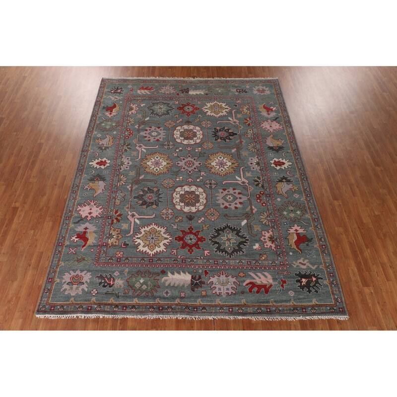 All-Over Gray Floral Oushak Indian Area Rug Handmade Wool Carpet - 9'1"x 11'9"