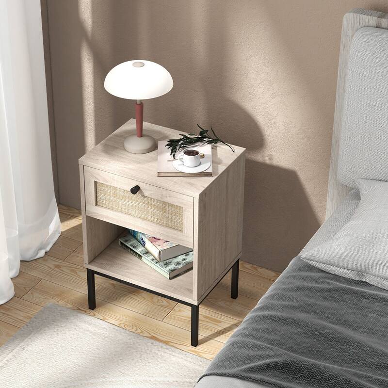 Gymax Rattan Nightstand Boho End Table with Drawer & Open Shelf for