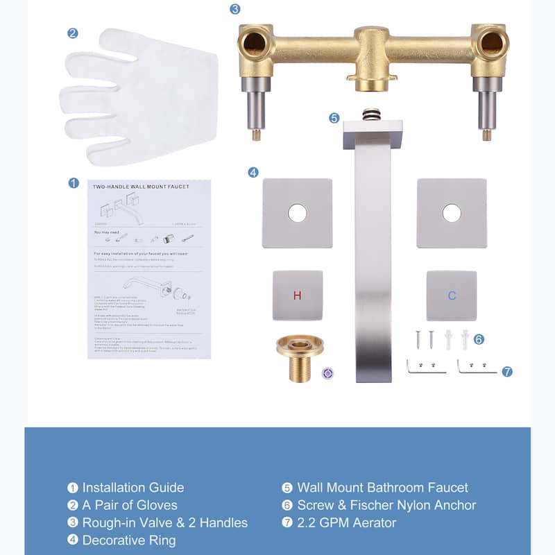 WOWOW Double Handle Wall Mounted Waterfall Bathroom Faucet