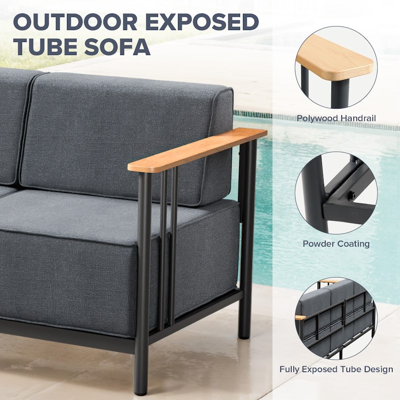 Puffin 3-Seat Outdoor Sofa with White Metal Frame and 10-Inch Thick Dark Gray Cushions