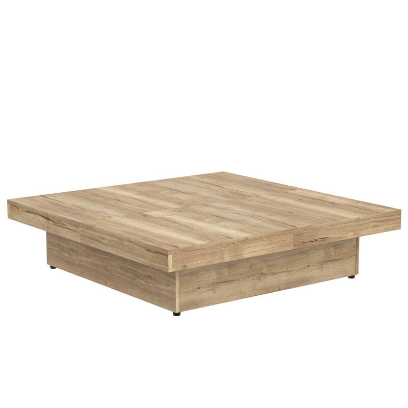 39.4" Square Veneer Coffee Table with Sliding Top & Storage, Natural Wood Grain Finish