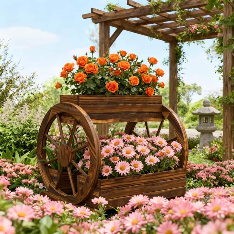 3 Tier Raised Garden Bed, Wooden Wagon Planter Box Outdoor Planter - Brown Black