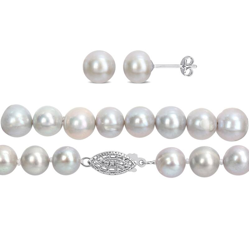 Miadora 3 Pc Set Of 7.5-8mm Grey FW Cultured Pearl 18" Necklace, 7" Stretch Bracelet & Silver FW Pearl Earrings