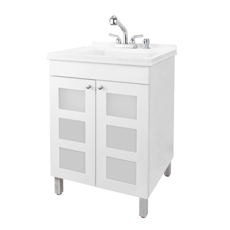 TEHILA White Utility Sink Cabinet, Coil Faucet, Soap Dispenser - Bed
