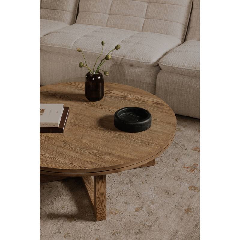 NADAAL STUDIOS Arlisse Coffee Table, Round Top, Solid Oak, Dual‑Layer Top with V‑Groove Iron Crisscross Base, Dark Brown