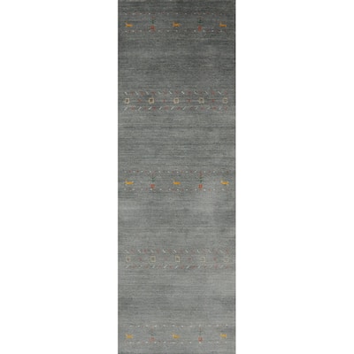 Hand Knotted Oriental 100% Wool Carpet Tribal Animal Pictorial Greys & Charcoal Gabbeh Runner Rug - 8' 7'' X 2' 5''