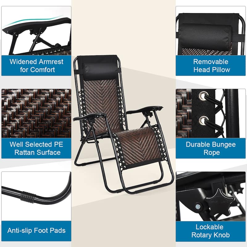 Costway 2PCS Patio Rattan Zero Gravity Lounge Chair Folding Recliner