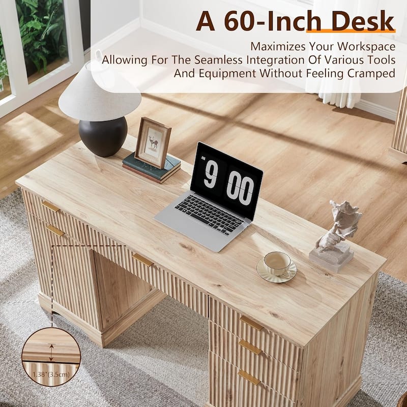 58" Modern Executive Desk with Storage, Wood Home Office Desk
