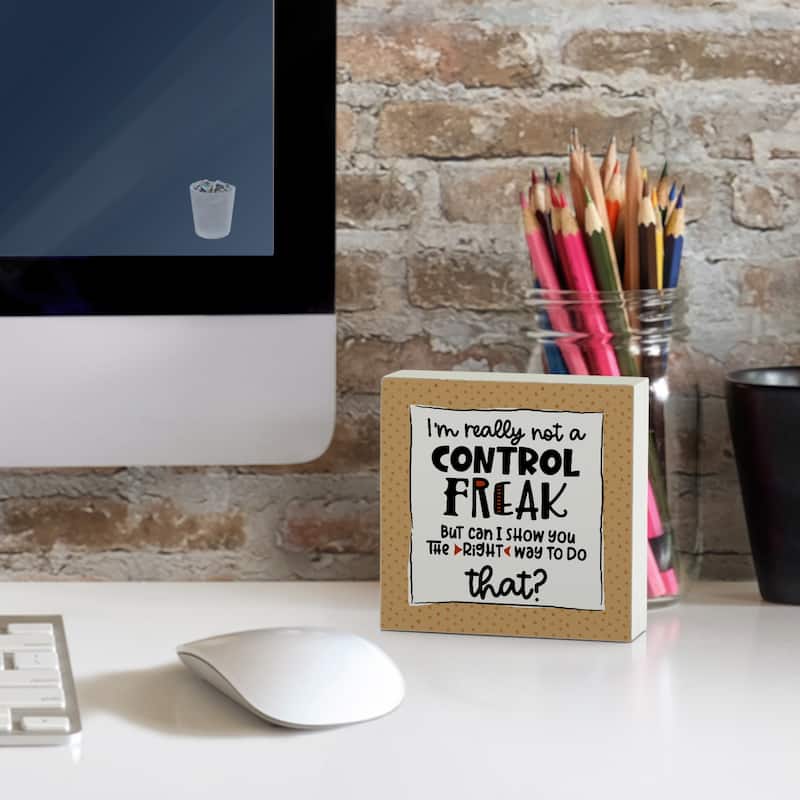 Wood Block Décor Message Control Freak Sign, 3.75 inches Square, Made in The USA - Multi-51