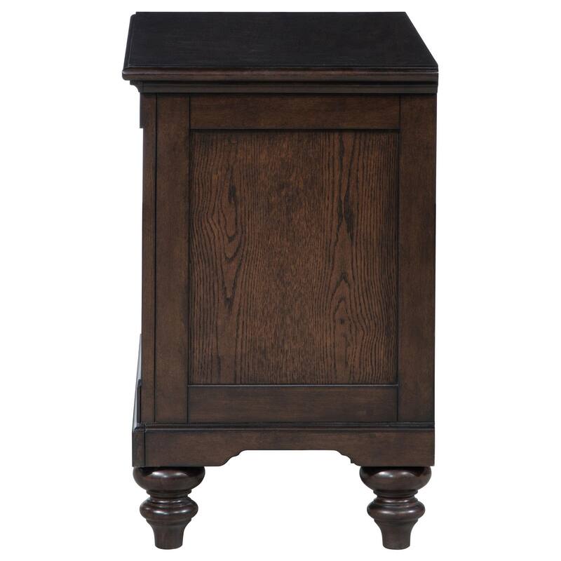 Meon Nightstand w Drawer and Open Cubby Shelf, Dark Oak Brown Wood