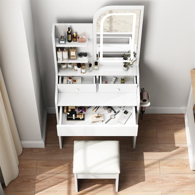 Fashion Vanity Desk w/ Mirror and Lights, Hair Dryer Holder and Chair