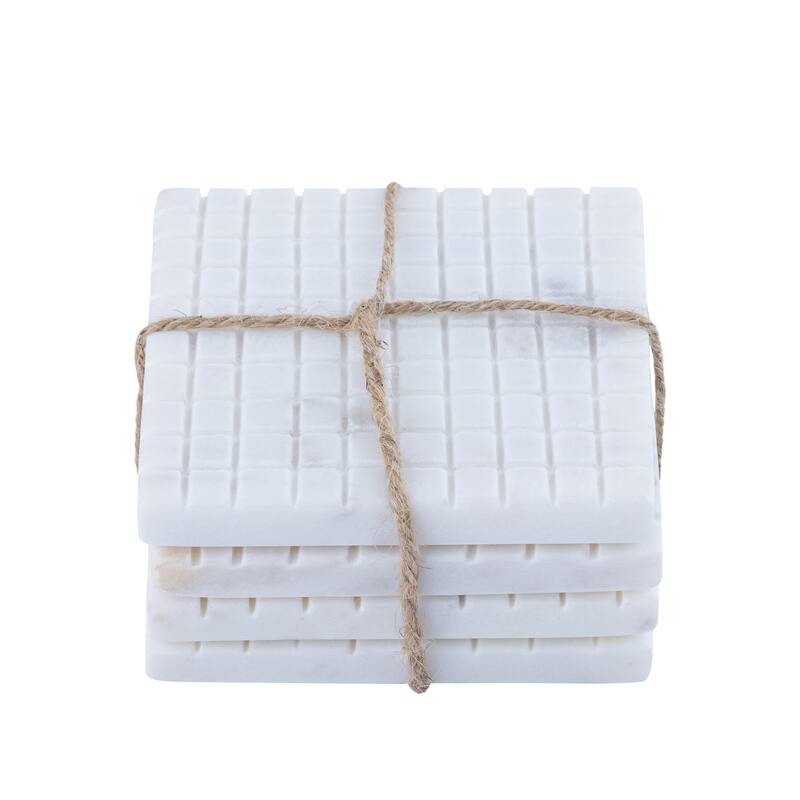 Set of 4 White Marble Square Coasters - White