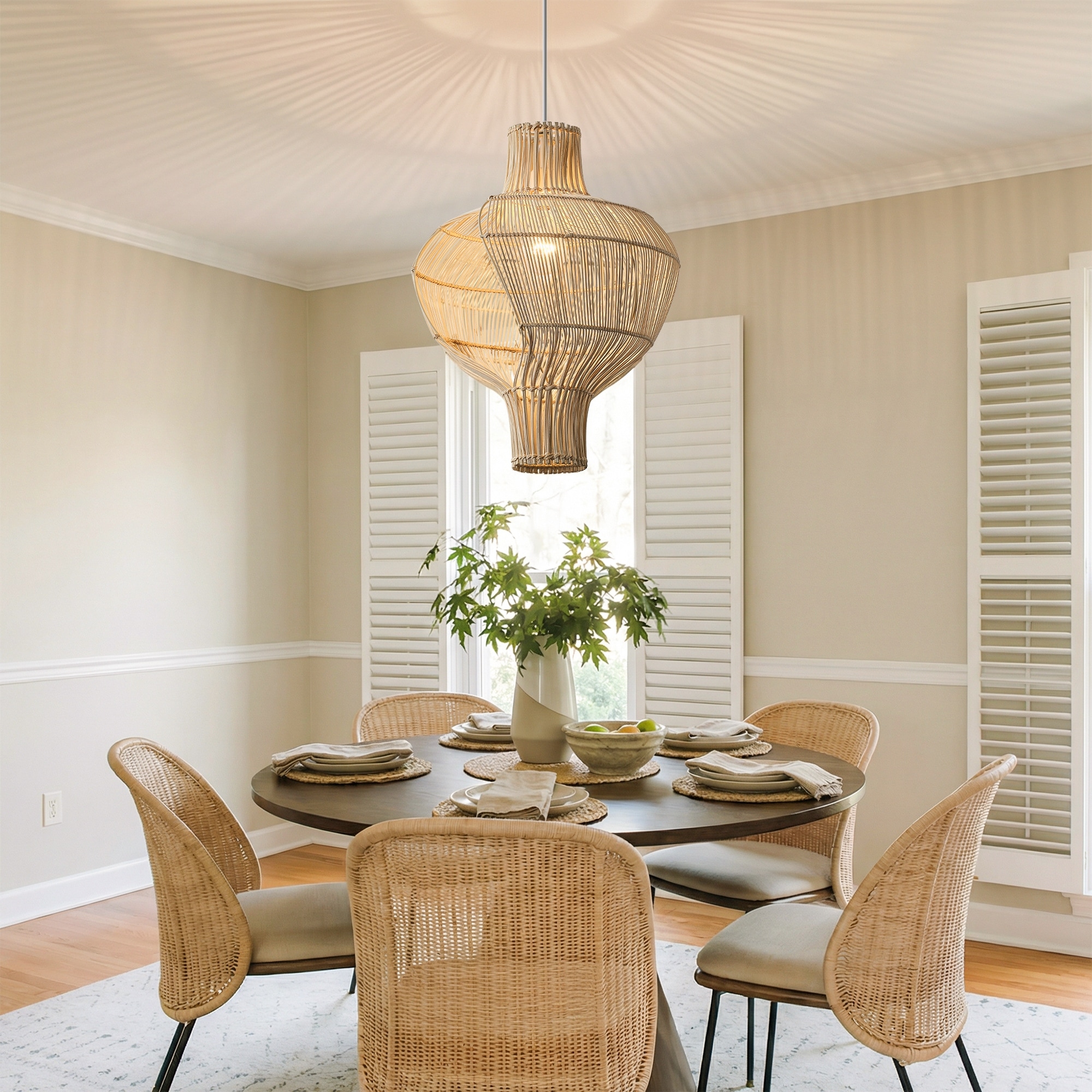 1-Light Coastal Style Creative Brown Hand-Woven Rattan Dining Chandelier Modern - 15.74" W x 17.71" H