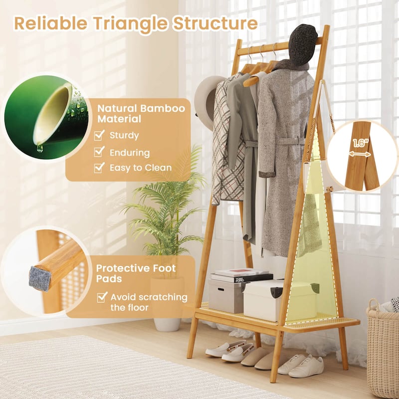 Costway Bamboo Clothes Rack Clothing Rack with Hanging Rod Rattan - See Details