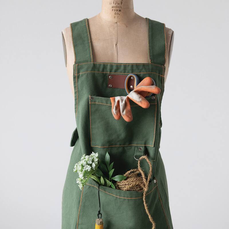 Cotton Canvas Cross Back Apron with Pockets & Rivets, Green