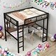 preview thumbnail 2 of 10, Full Size Loft Bed with Long Desk and Shelves in Black Metal & MDF