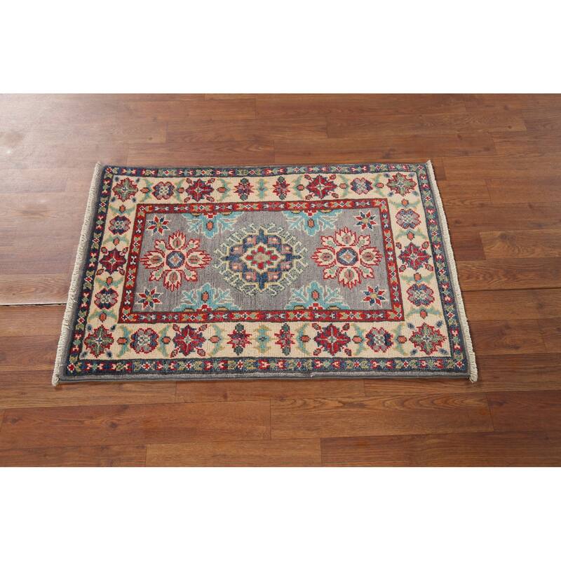 Gray Geometric Kazak Oriental Accent Rug Handmade Wool Carpet - 2'1"x 2'10"