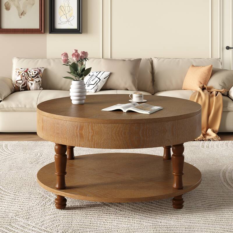 31.5" Modern Round Coffee Table with Adjustable Leveling Feet and Dual Storage