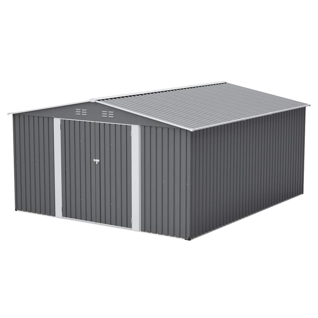 12x14 Ft Outdoor Metal Storage Shed, Large Garden Tool Shed with Lockable Double Doors, Waterproof Yard Building, Light Gray