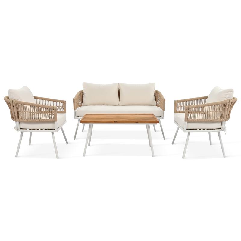 4-Piece Boho Sling Patio Conversation Set Outdoor Seating Set with Gray Cushions and Acacia Wood Coffee Table