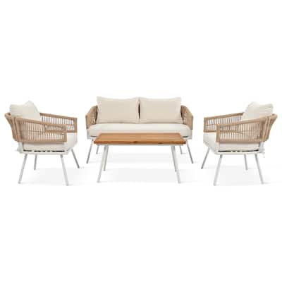 All Weather 4 Piece Outdoor Conversation Patio Woven Rope Sofa Set with Removable Cushions and Coffee Table