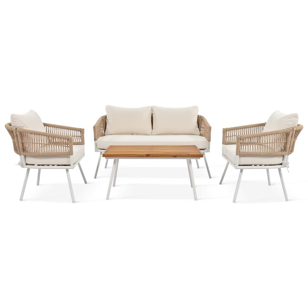 All Weather 4 Piece Outdoor Conversation Patio Woven Rope Sofa Set with Removable Cushions and Coffee Table