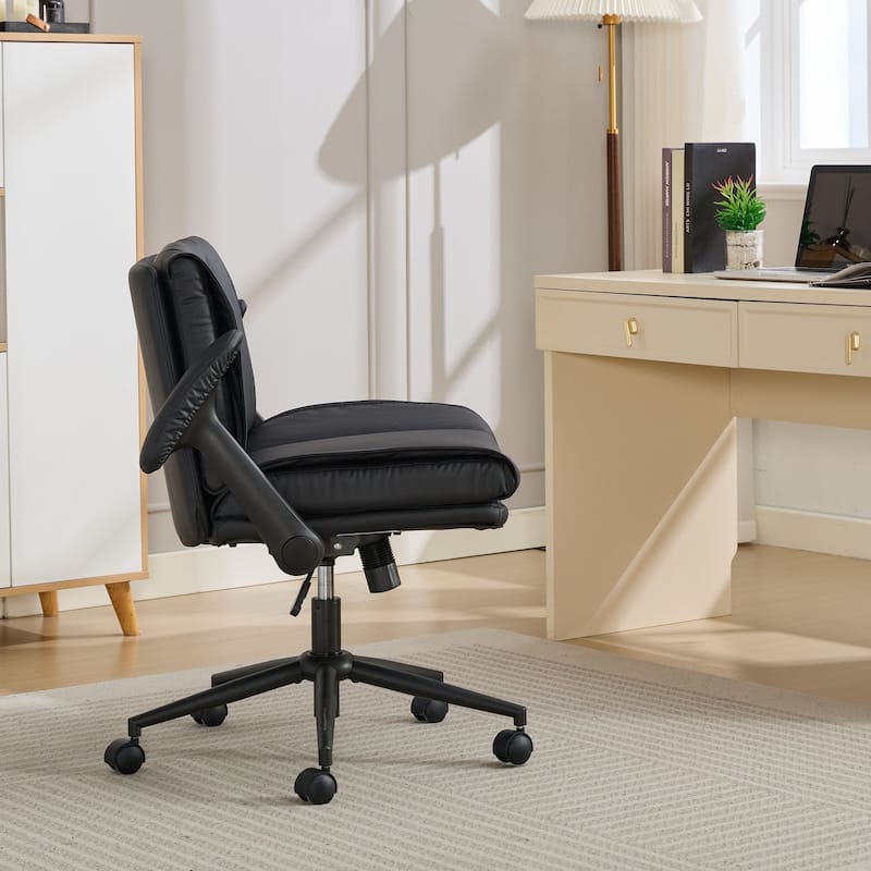 Black Leather Office Chair with Crossed Legs & Flip-Up Armrests