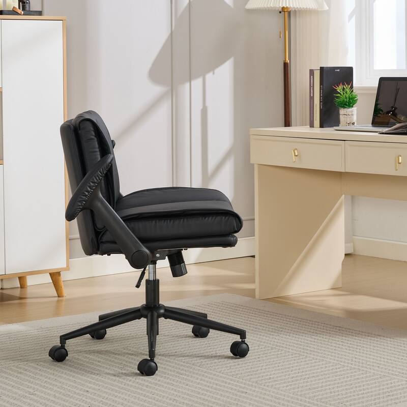 Cross Legged Office Chair on Wheels with Flip-Up Armrests Leather and Wide Seat