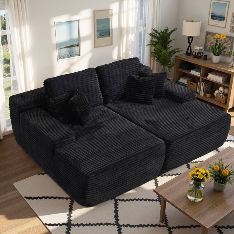 HOOOWOOO Modular Couch Plush Corduroy Sectional Sofa with Pillows - Black