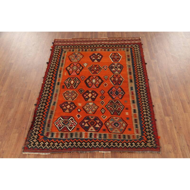 Kilim Qashqai Nomadic Persian Antique Rug Hand-Woven Wool Carpet - 5'0"x 6'7"