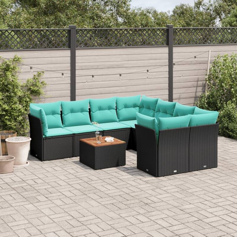 vidaXL 9 Piece Patio Sofa Set with Cushions Black Poly Rattan - 24.4x24.4x27.2 Blue cushion, foam filling