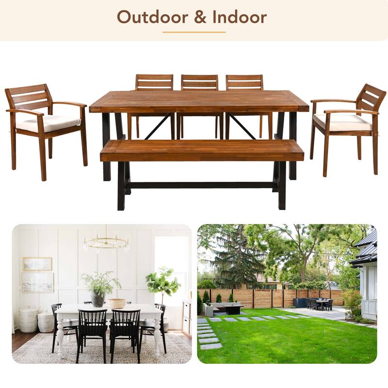 Outdoor Wood Dining Set with Bench Thicker and Table, Outdoor Dining Furniture with Removable Cushions and Ergonomic Chairs
