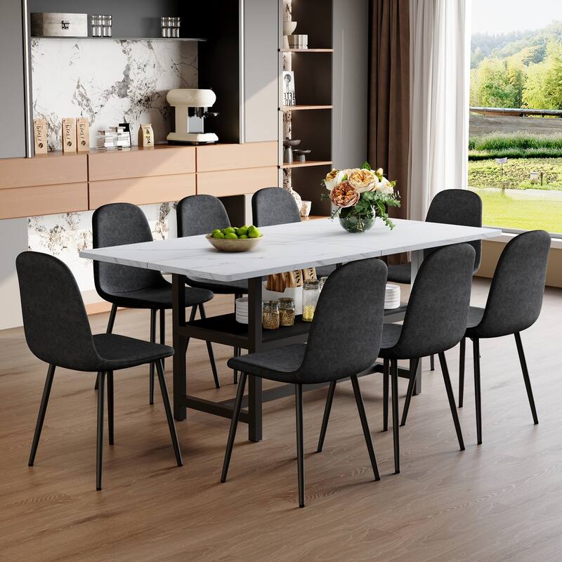 9-Piece Spliced Dining Table Set with Storage, 71x35.4 Inch Table & 8 High-Resilience Fabric Chairs - White+Black