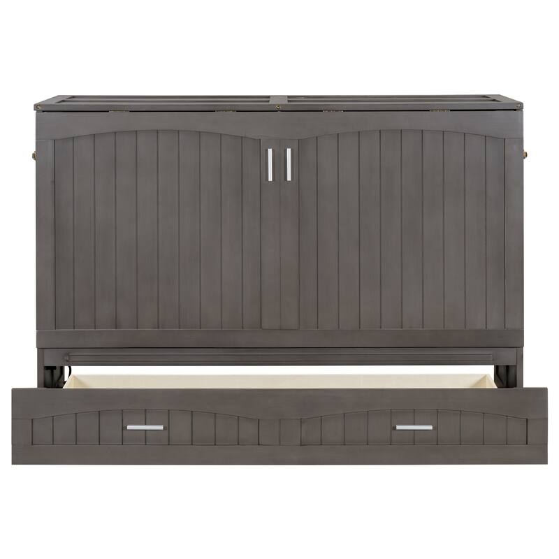 Solid Pine Queen Murphy Bed with Storage Drawer and USB Charging Station