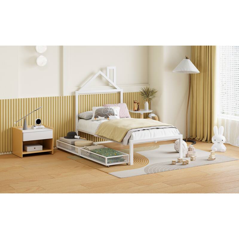 White Twin Size Metal Platform Bed with Two Drawers & House Headboard