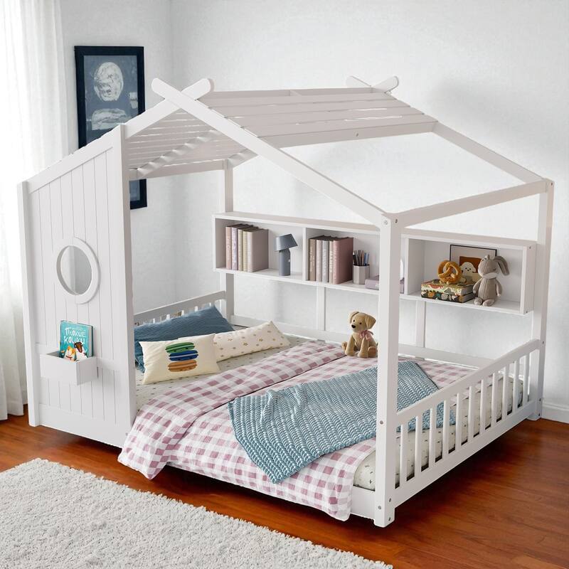 Twin/Full Montessori House Floor Bed with Roof, Storage Shelf, Low Profile Kids Bed, 6 in Mattress, 350/550 lb Capacity