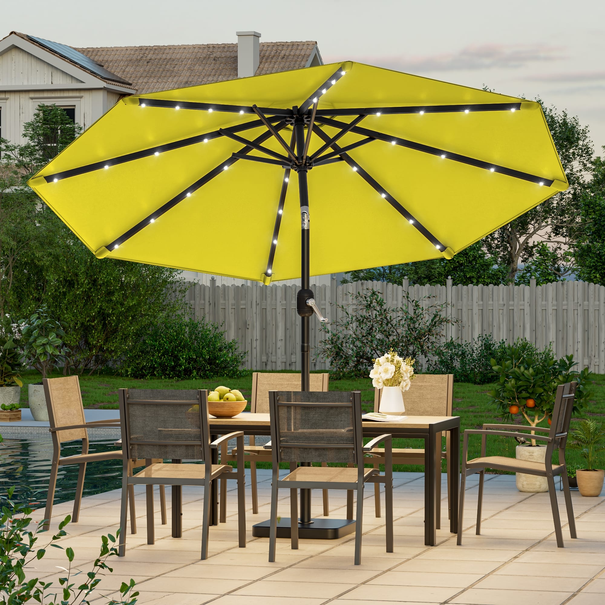 9ft yellow patio umbrella EliteShade Three-Tier Solar LED Market Eurmax this umbrella is made ready for years of enjoyment LIVOOSUN 9Ft Patio LED Market