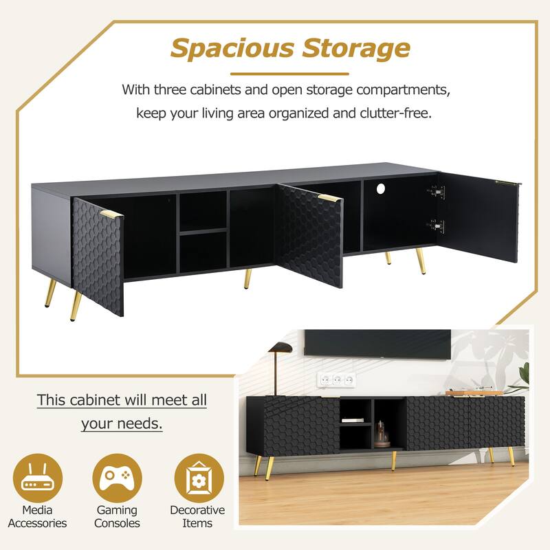 71" Minimalist TV Cabinet with Geometric Honeycomb Pattern - Gold Accents, Cable Management, Storage