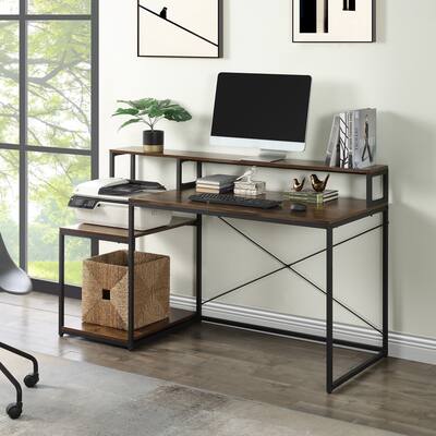 Home Office Computer Desk with Storage Shelves and Monitor Stand Riser Shelf