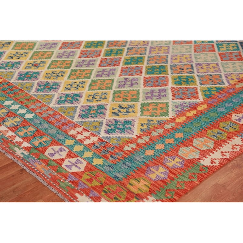 All-Over Trellis Kilim Oriental Large Rug Flatweave Wool Carpet - 10'1"x 16'8"